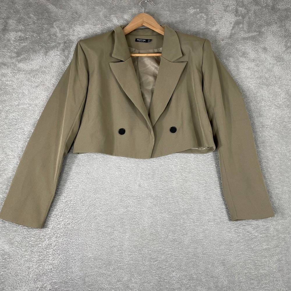 Nasty Gal Collection Cropped Blazer Womens Small Olive Green Padded Shoulder Y2K